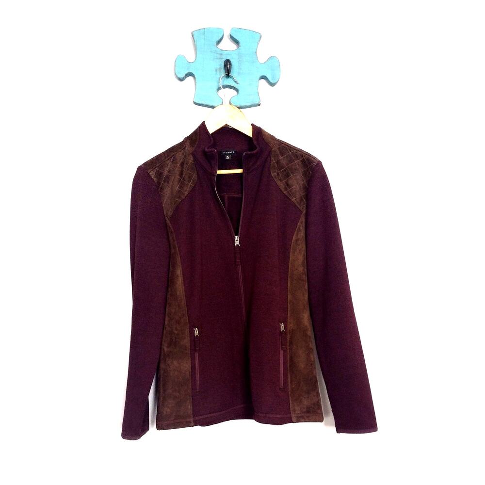 Talbots Full Zip Jacket Womens M Burgundy Brown Faux Leather Trim
